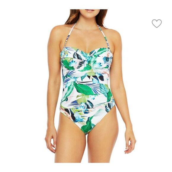 NWOT La Blanca In The Moment Bandeau One Piece Swimsuit Green Multi Print Size 2 - Picture 1 of 13